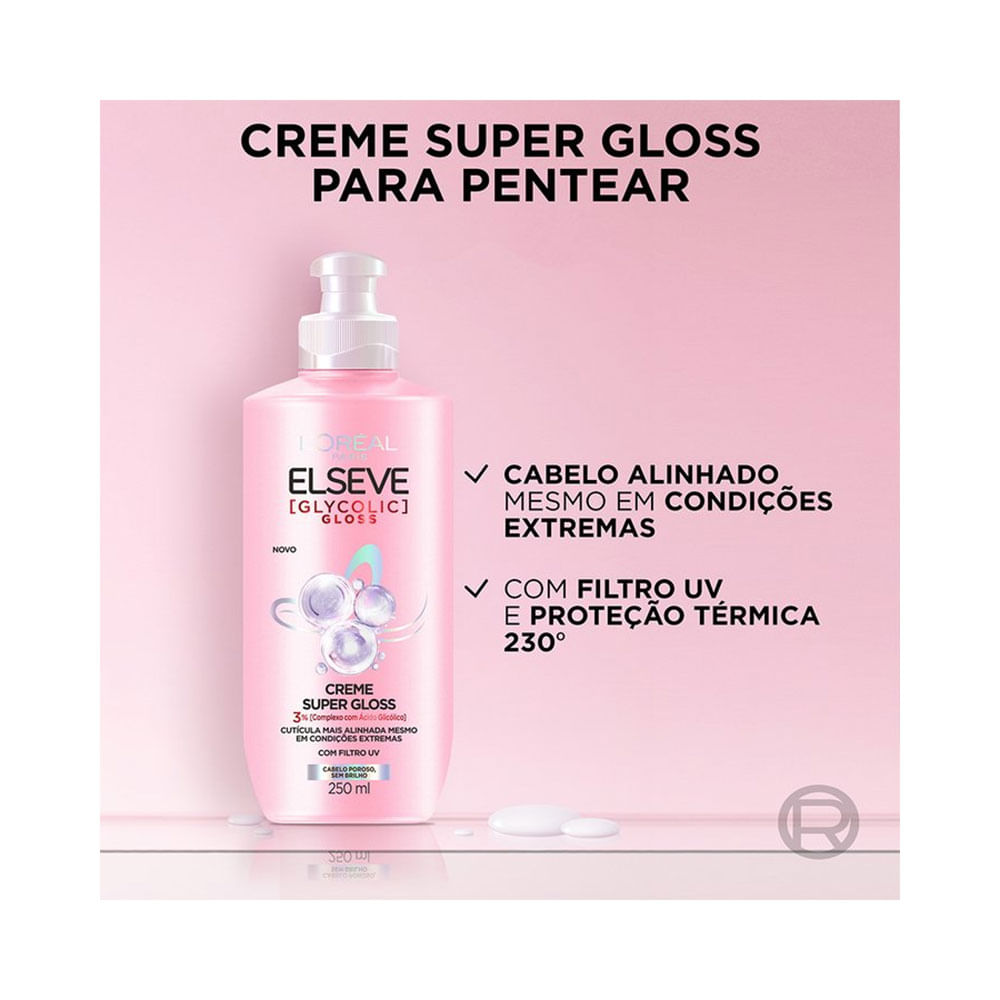 Creme Super Gloss 250ml com destaque para proteção térmica e filtro UV