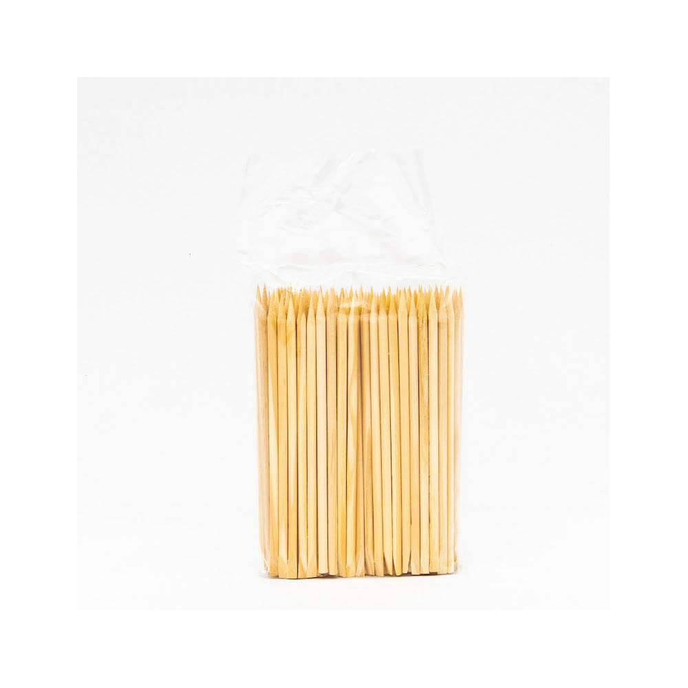 Imagem frontal do pacote transparente com 100 palitos Prokits em madeira natural