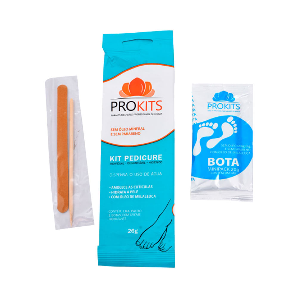 Conteúdo do kit Prokits com lixa, palito e botas em embalagem individual