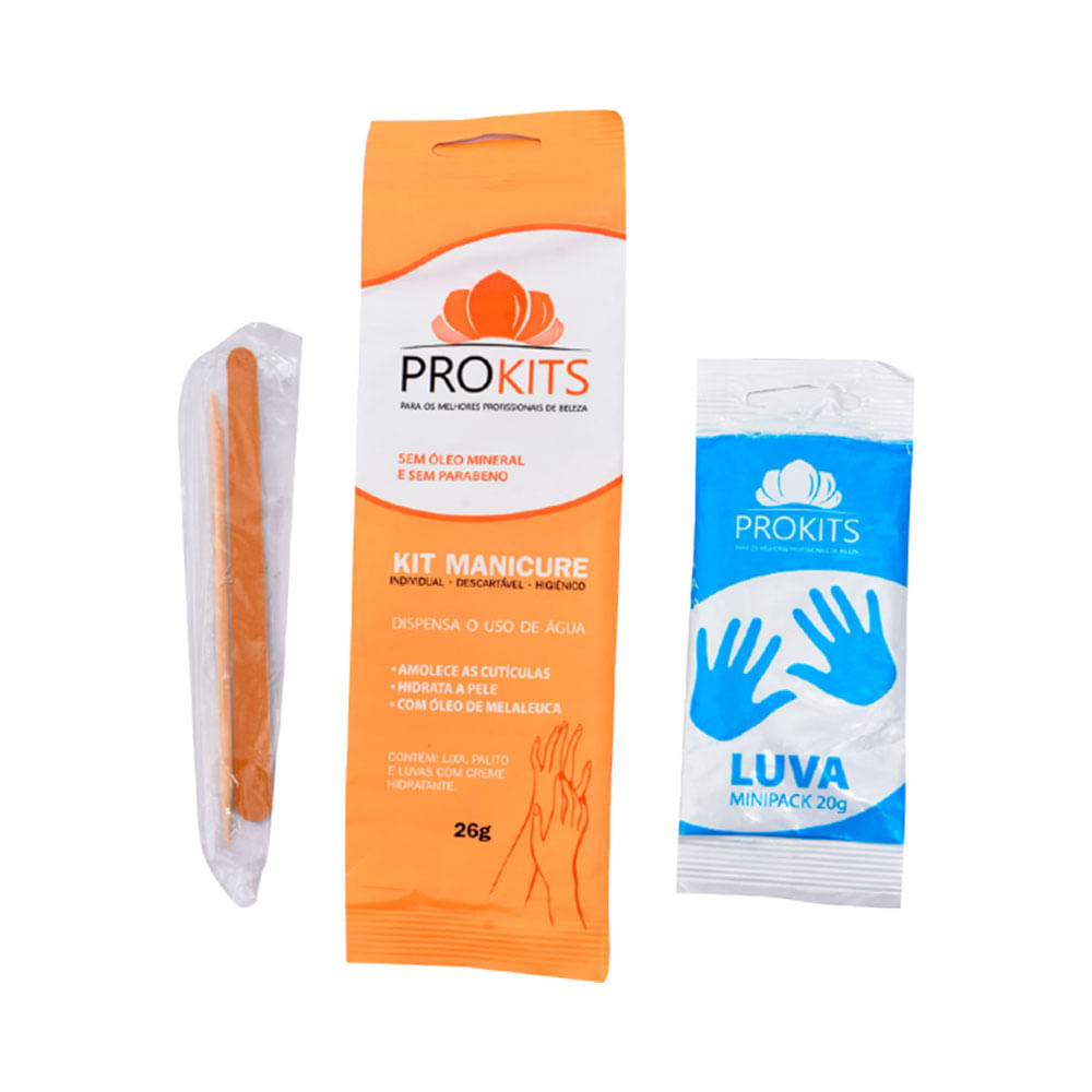 Componentes do Kit Manicure Prokits dispostos: luvas, lixa e palito