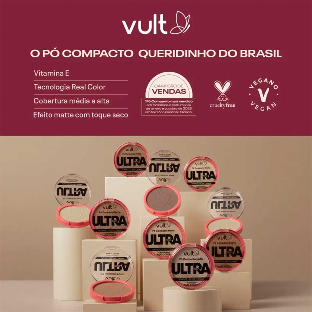 Vários Pó Compacto Vult Matte Ultrafino em pedestais destacando atributos do produto
