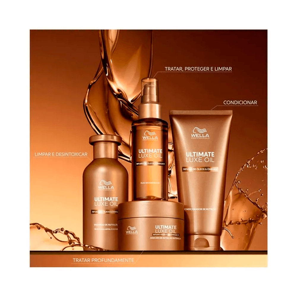 Produtos Wella Ultimate Luxe Oil com fundo dourado mostrando shampoo, condicionador e óleo