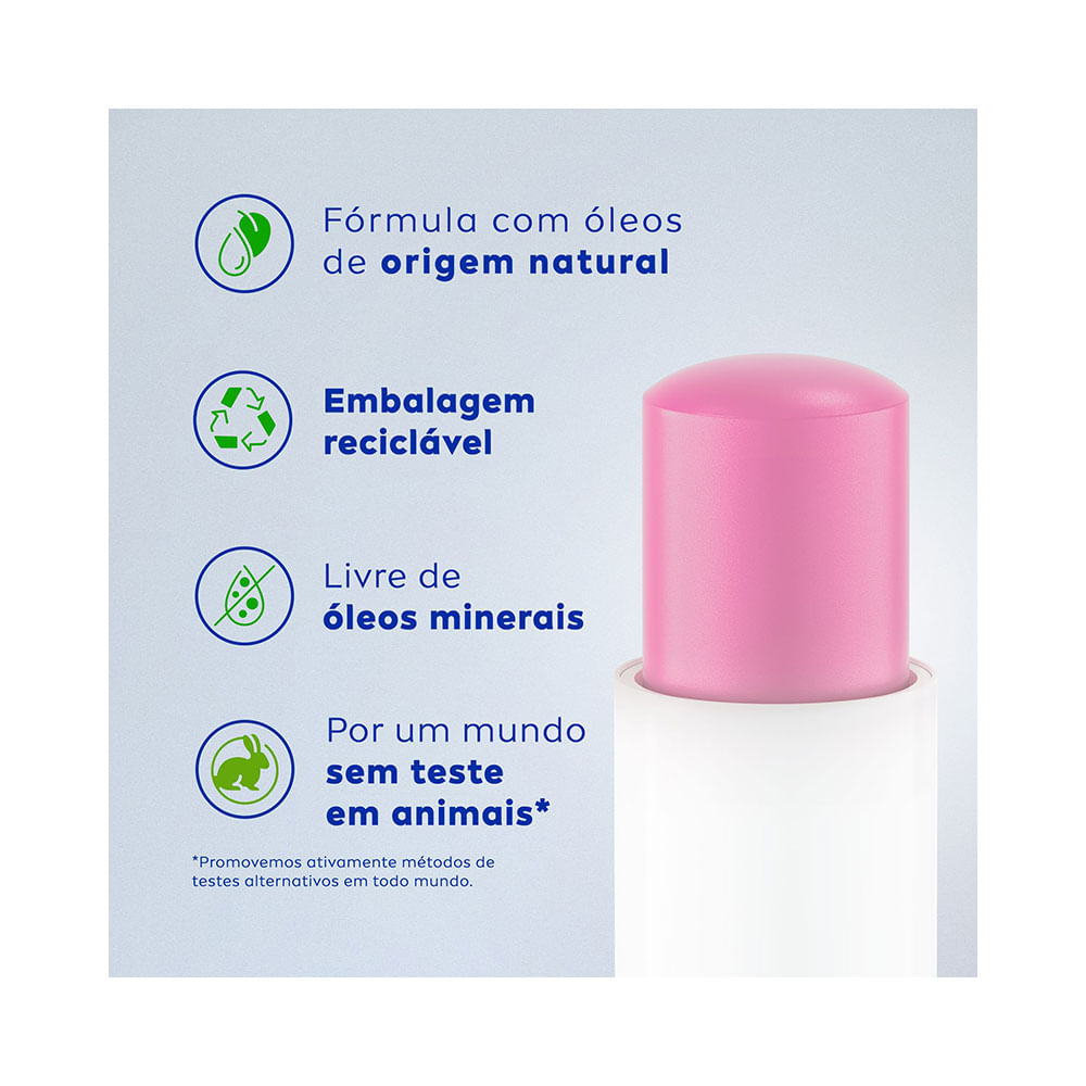 Detalhes do Hidratante Labial Nivea Soft Rosé Margarida com ingredientes naturais e selo de sustentabilidade