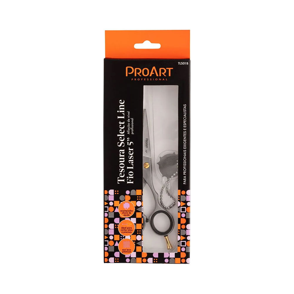 Embalagem da Tesoura Proart Select Line 5' mostrando produto e acessórios