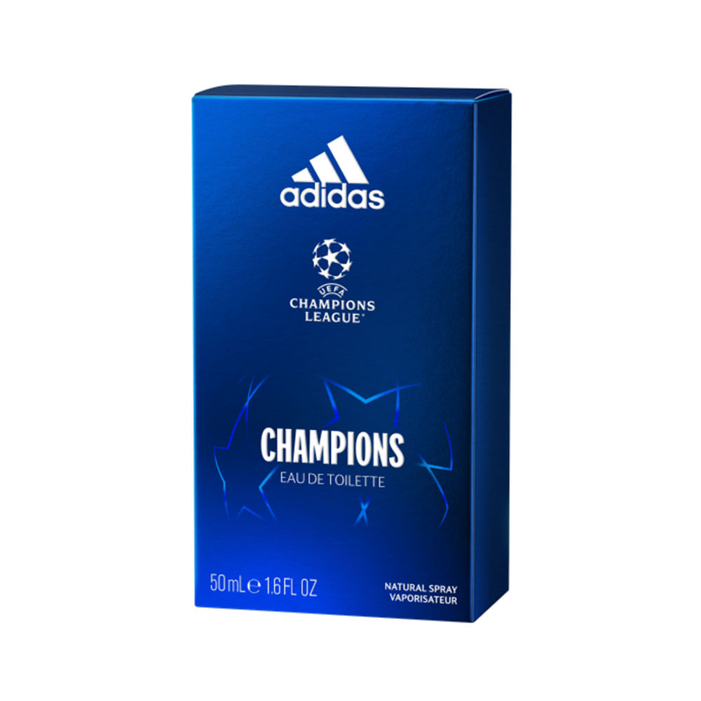 Caixa azul escura brilhante do Perfume Adidas UEFA Champions Star 50ml