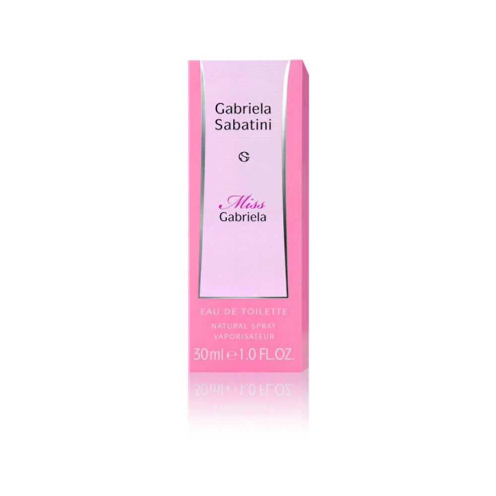 Caixa rosa do perfume Miss Gabriela Sabatini Night 30ml com detalhes prateados