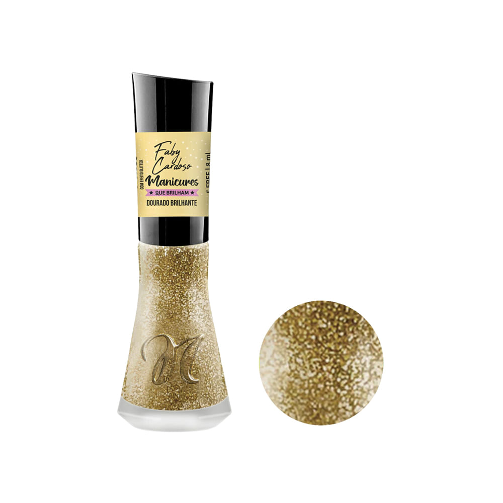 Frasco do esmalte Nati Faby Cardoso Dourado Brilhante 8ml com amostra do acabamento glitter