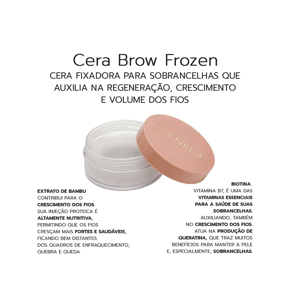 Embalagem fechada da Cera Menela Brow Frozen 15g mostrando caixa rosa claro e listagem de ingredientes
