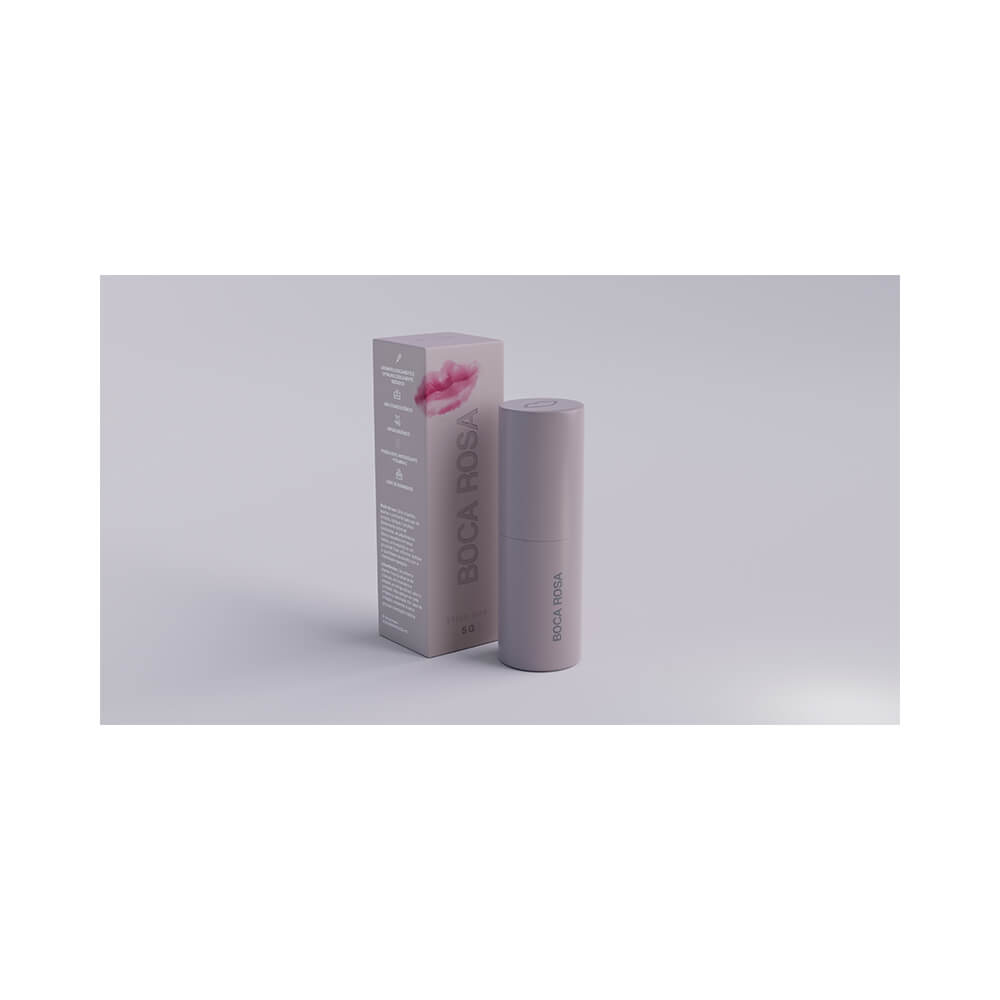 Blush Boca Rosa Stick cor Gyn com embalagem fechada ao lado da caixa