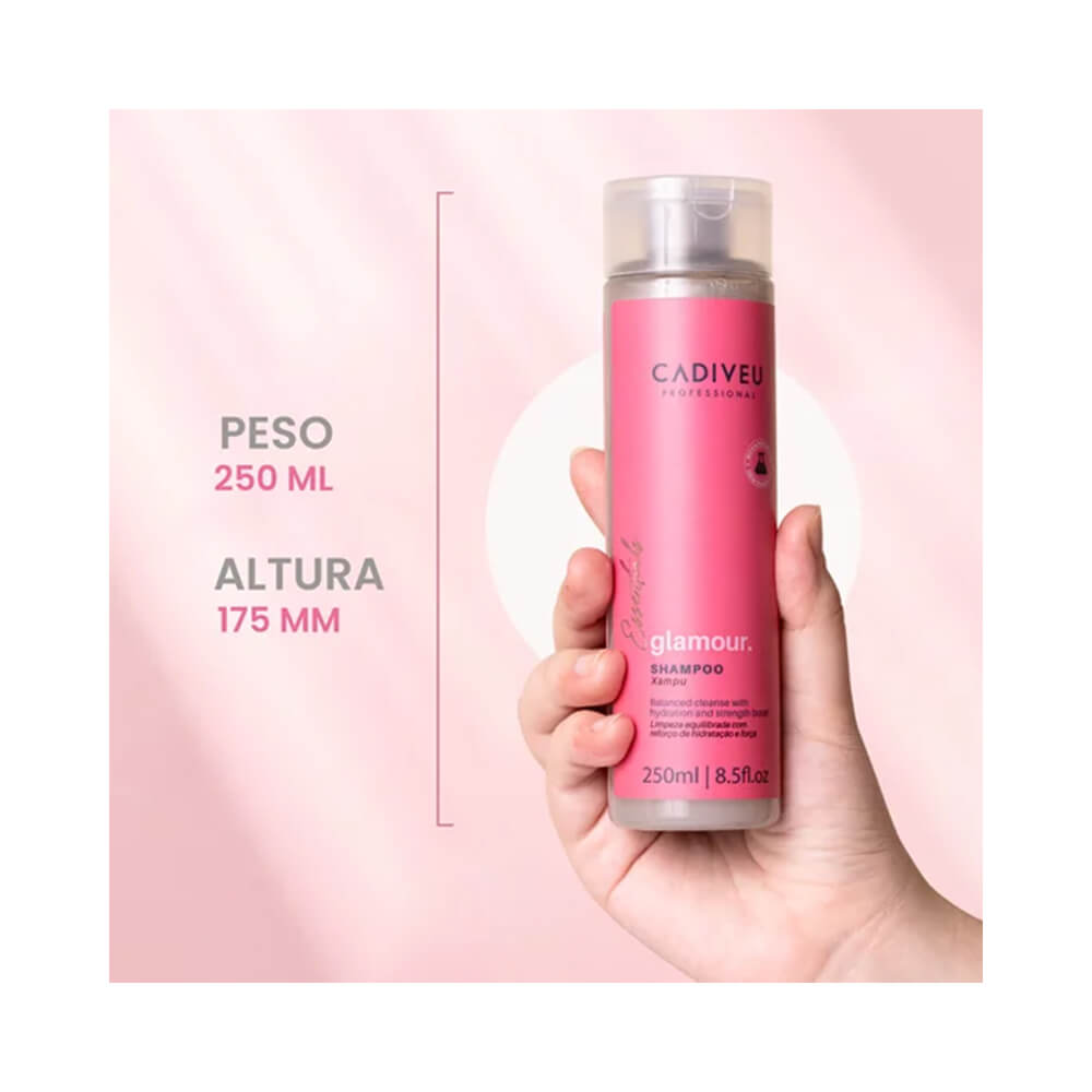 Frasco rosa do Shampoo Cadiveu Essentials Glamour 250ml com indicação de volume