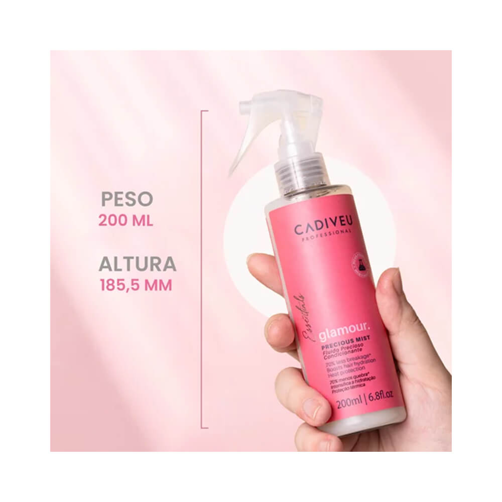 Detalhes do frasco rosa do Fluido Precioso Cadiveu mostrando 200ml e design