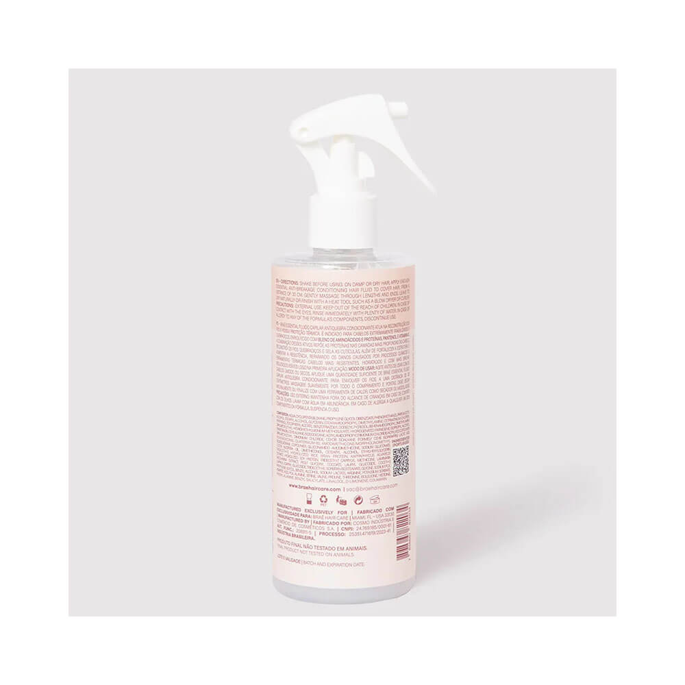 Detalhe traseiro com composição e modo de uso do Fluido Antiquebra Braé 260ml