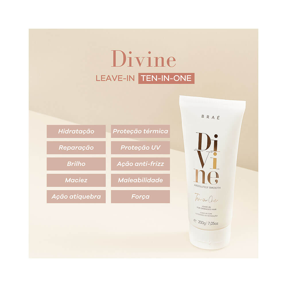 Leave-in Braé Divine Ten-in-One 200g com principais benefícios destacados