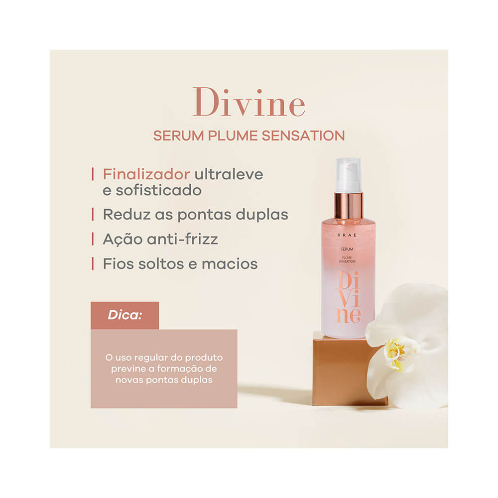 Imagem promocional do Sérum Braé Divine Plume Sensation destacando benefícios e design elegante