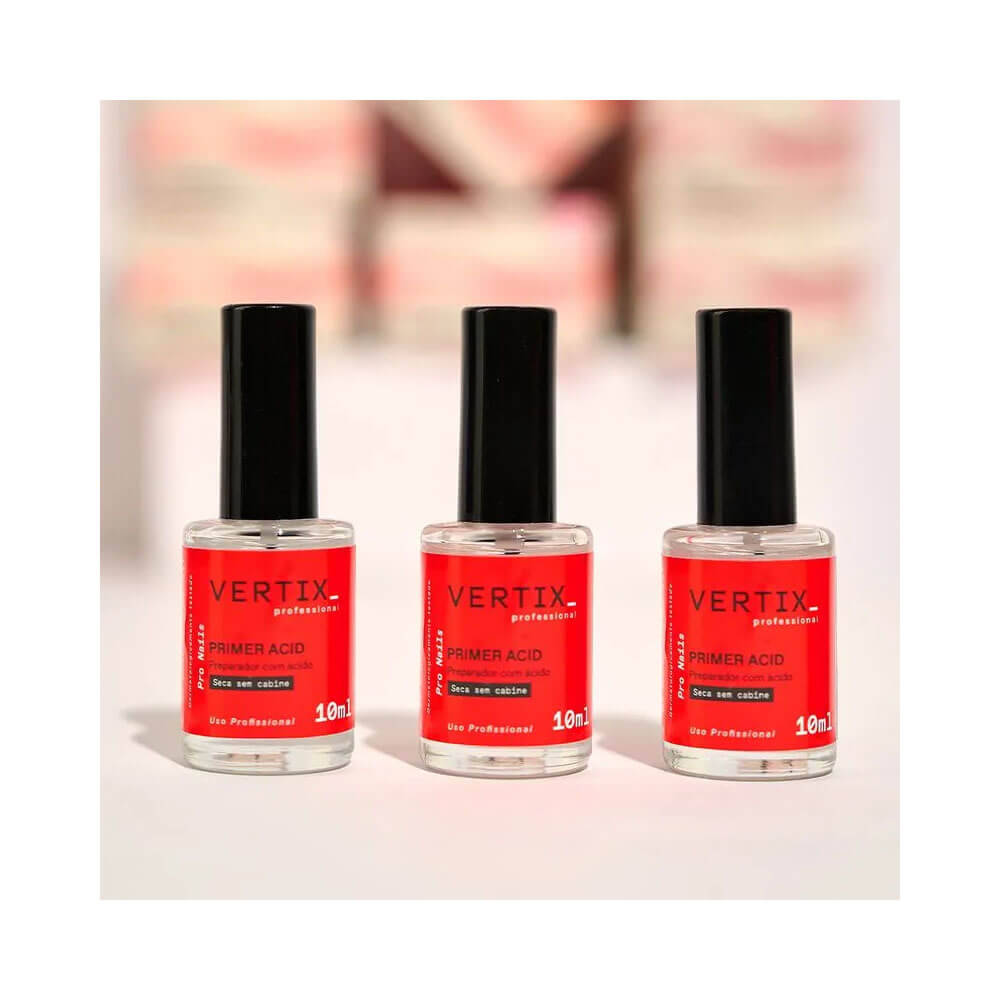 Três frascos Vertix Primer Bonder Acid 10ml alinhados