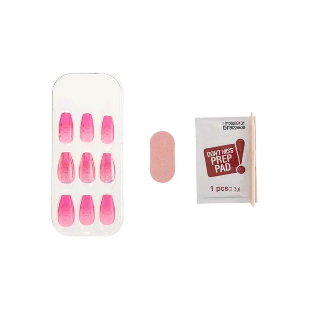Conteúdo do kit das Unhas Postiças Autocolantes Kiss New York Press & Go Pink Jelly com acessórios