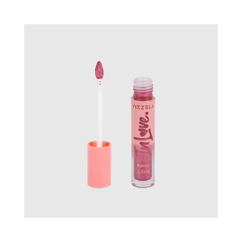 Aplicador em formato de coração com gloss rosado cintilante