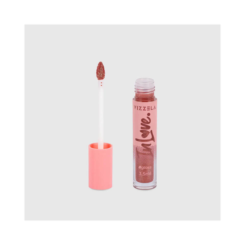 Aplicador e tubo do Gloss Vizzela In Love! Amor com tampa rosa removida