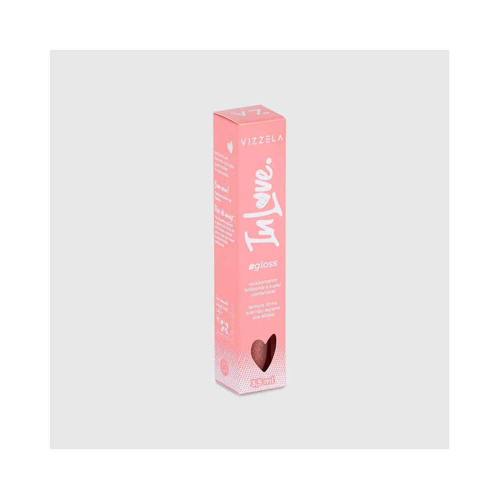 Embalagem rosa do gloss Vizzela In Love! Baby 3,5ml com janela em formato de coração mostrando a cor
