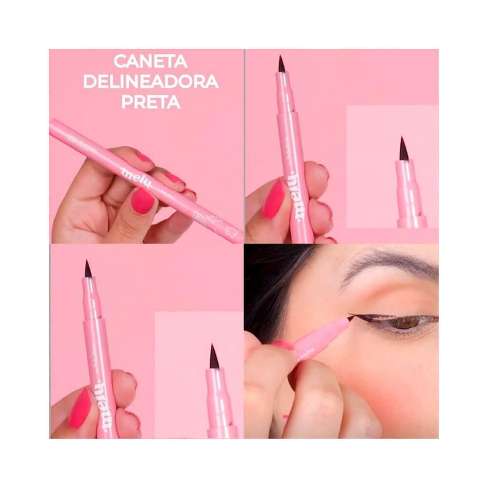 Montagem mostrando aplicação e ponta fina da Caneta Delineadora Melu