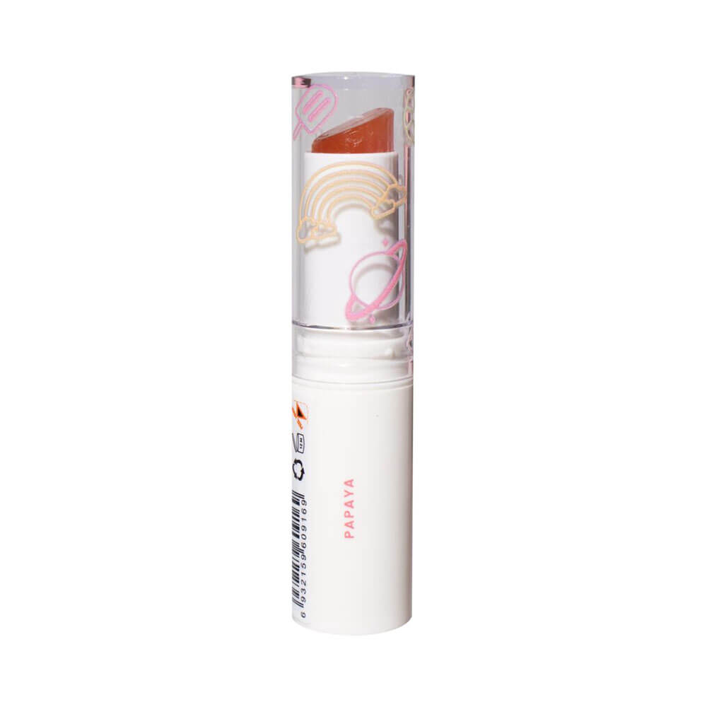 Jelly Balm Melu Papaya vista lateral com identificação da cor PAPAYA e tampa decorada