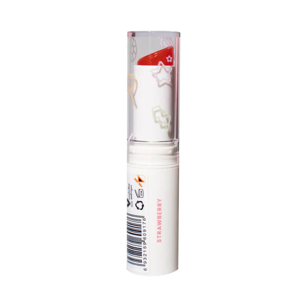 Imagem lateral do Jelly Balm Melu Strawberry mostrando embalagem e aspecto gelatinoso