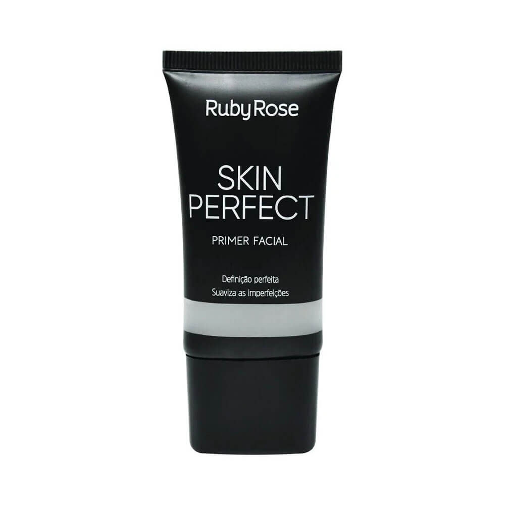 Tubo do Primer Ruby Rose Skin Perfect 25ml em destaque, cor preta com detalhes em branco.