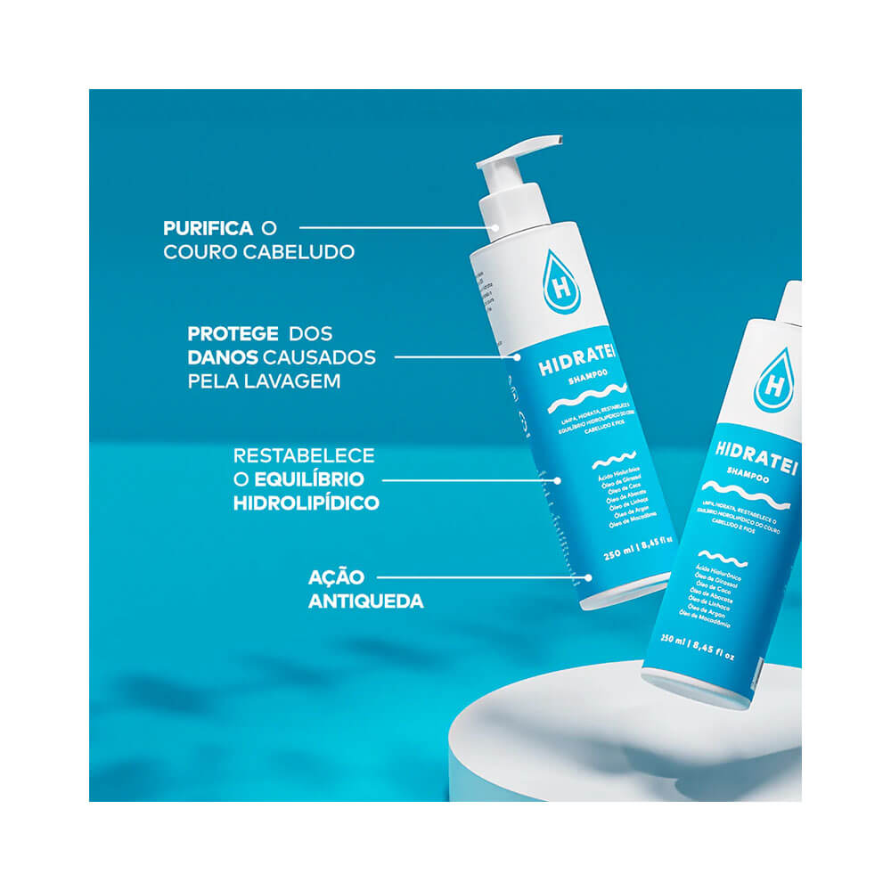 Shampoo Hidratei 250ml com legendas destacando purificação, hidratação e ação antiqueda