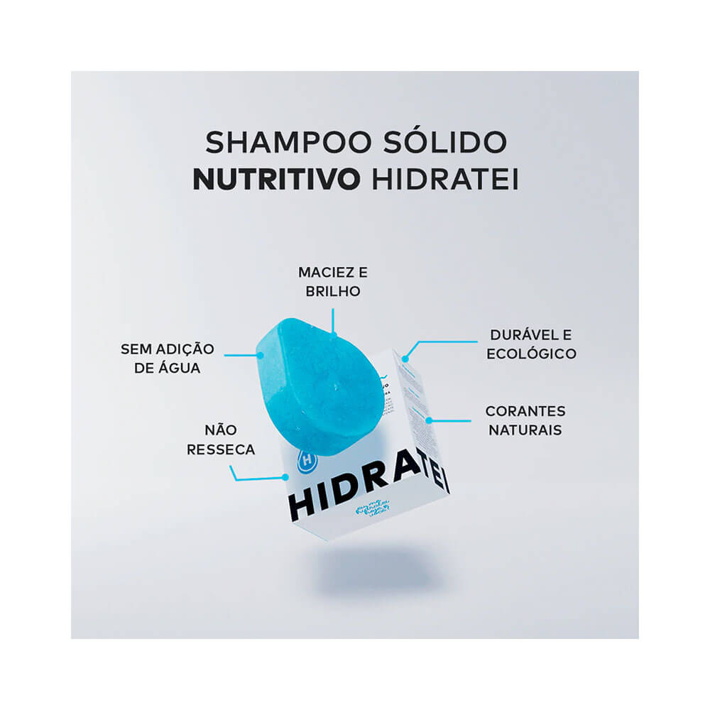 Shampoo sólido Hidratei em destaque com texto de atributos ao redor