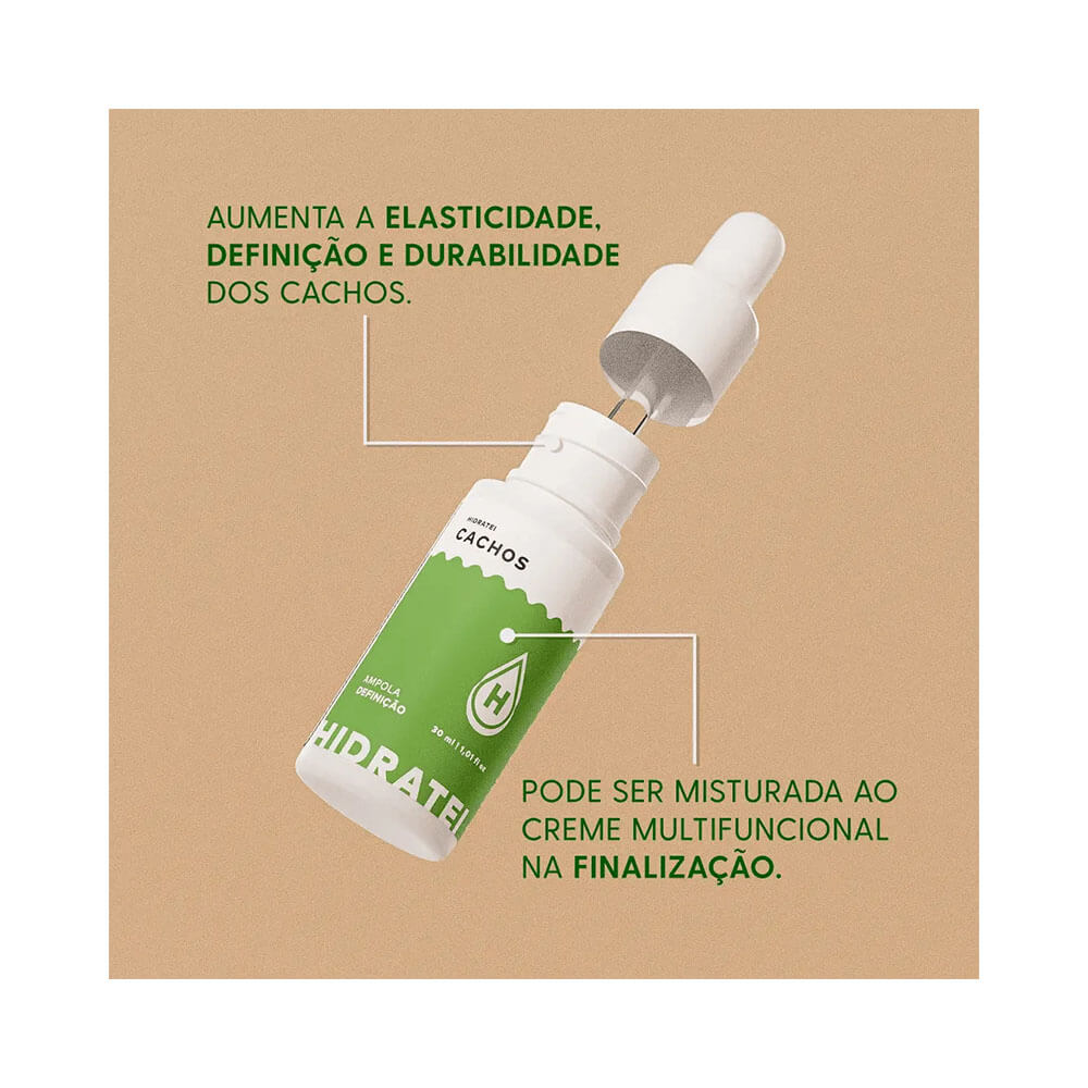 Ampola Hidratei com conta-gotas sobre fundo bege destacando ingredientes