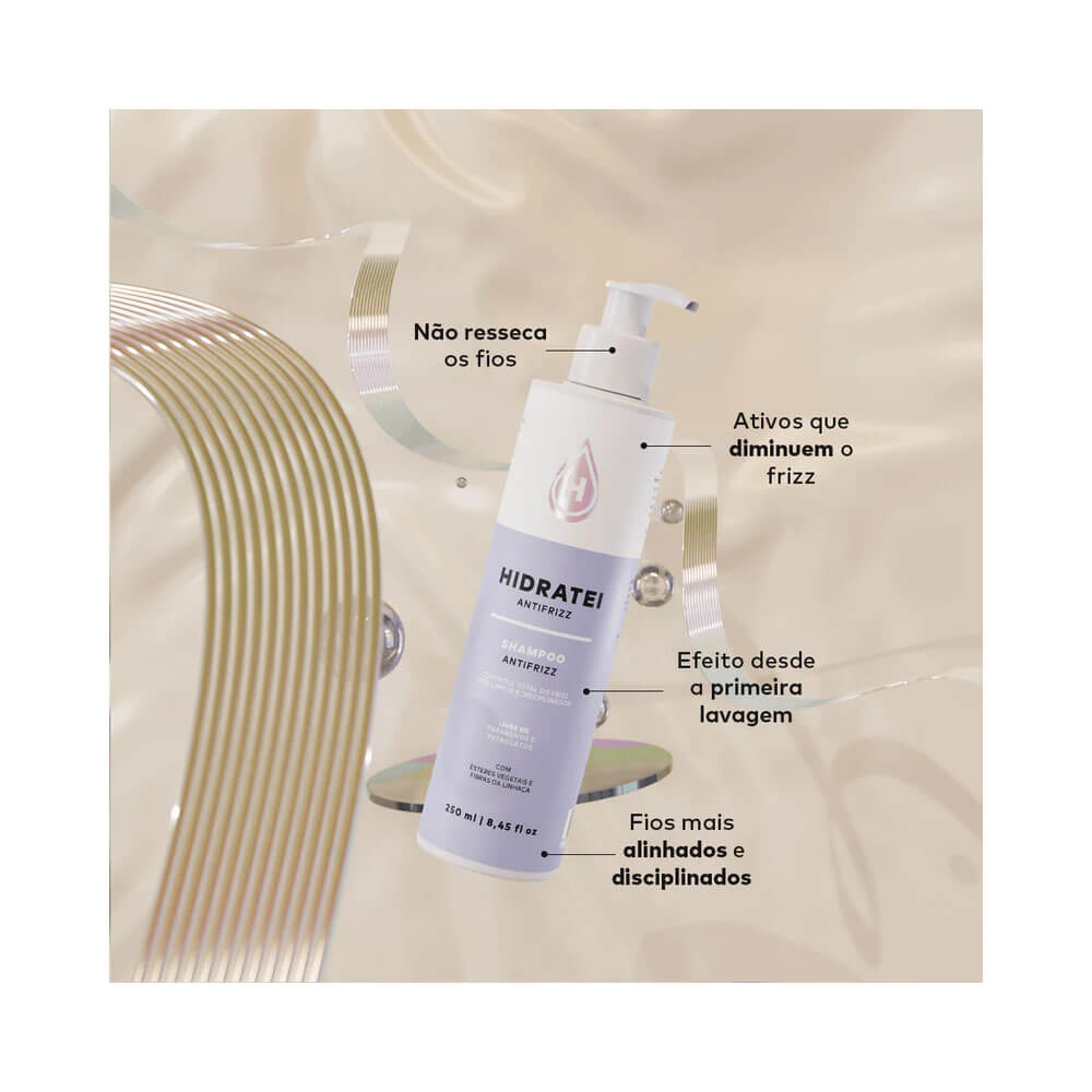 Shampoo Hidratei Antifrizz flutuando com destaque para atributos