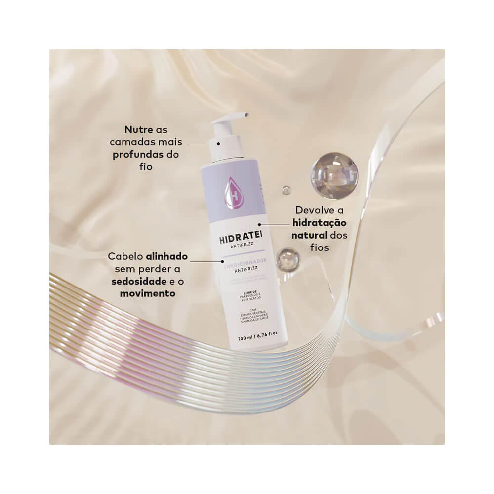 Frasco Hidratei Antifrizz 200ml flutuando em fundo bege com texto sobre benefícios
