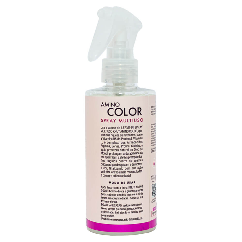 Parte traseira do leave-in Knut Amino Color mostrando ingredientes e instruções