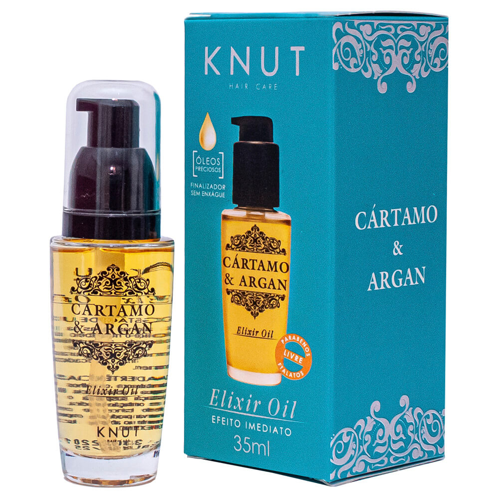 Frasco do Elixir Knut e embalagem azul turquesa com selo livre de parabenos