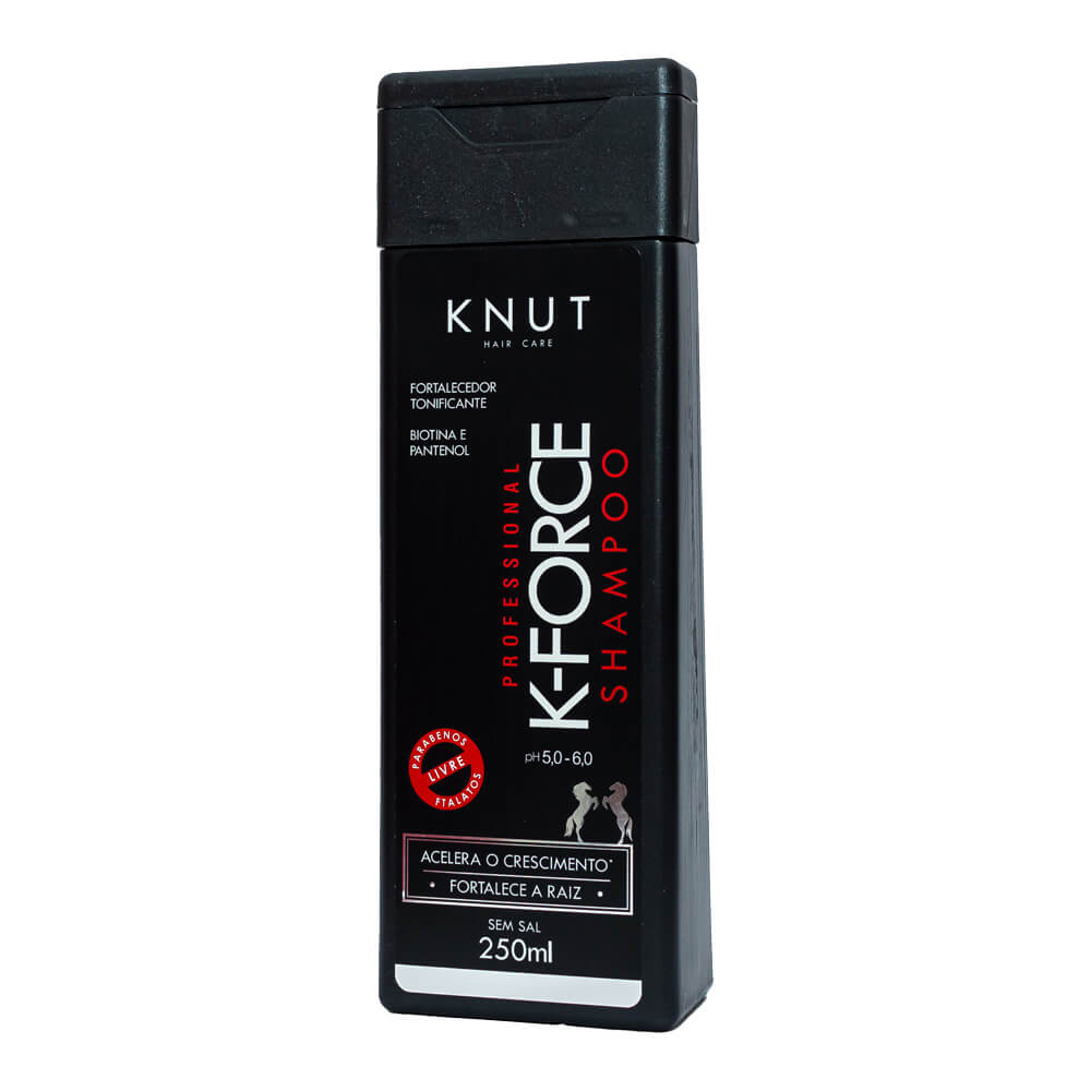 Frasco do Shampoo Knut K-Force 250ml em ângulo frontal, destacando rótulo e design