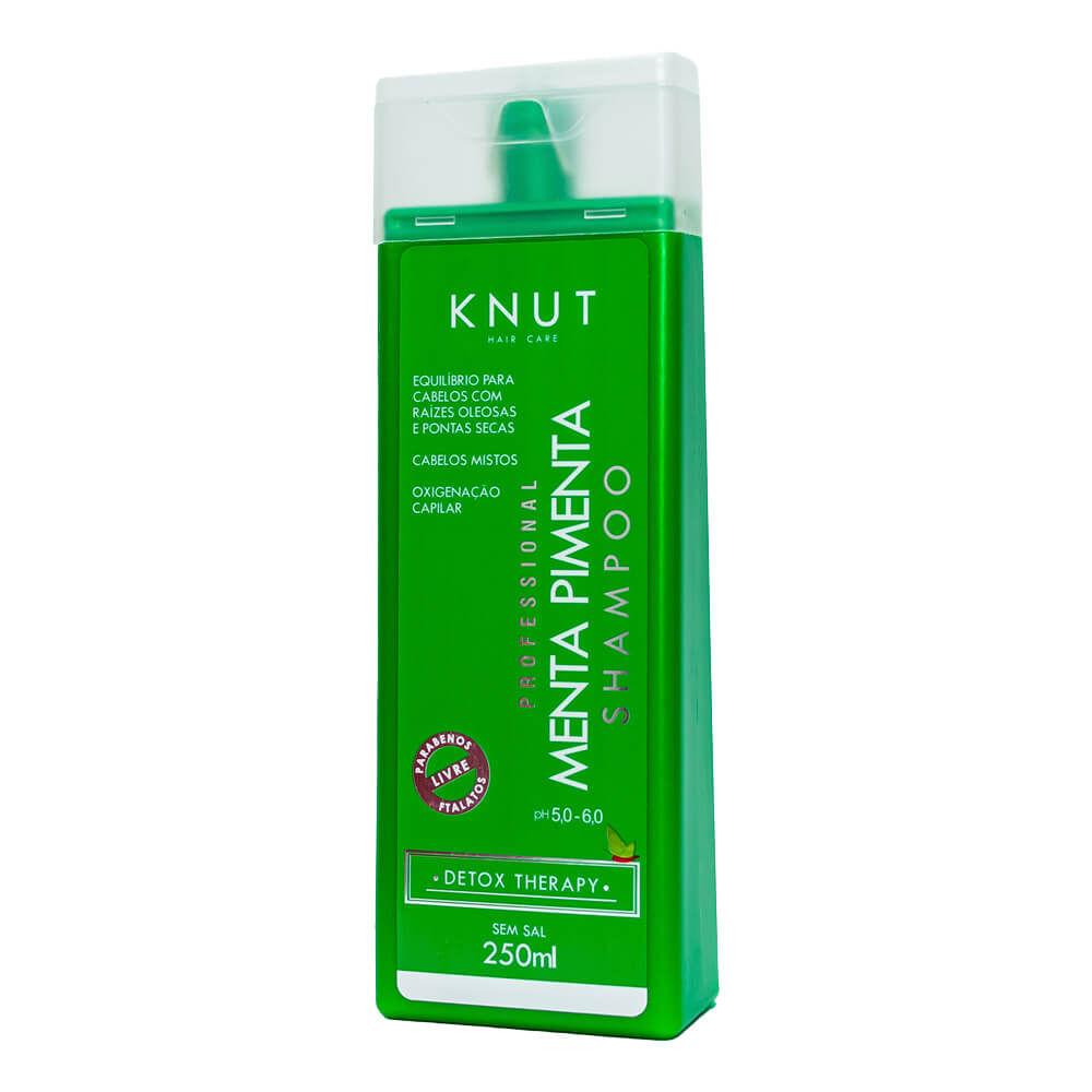 Frasco lateral do Shampoo Knut Menta Pimenta 250ml sobre fundo branco