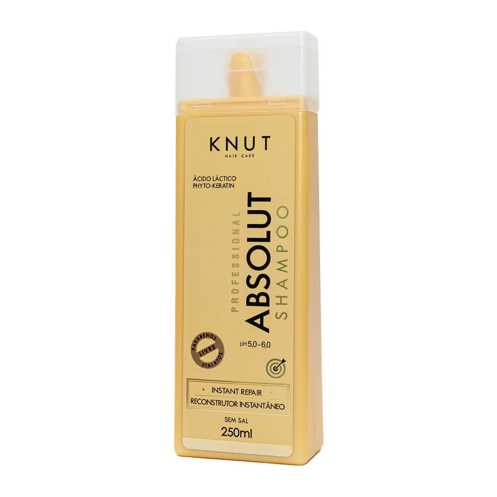 Shampoo Knut Absolut 250ml - vista lateral da embalagem amarela