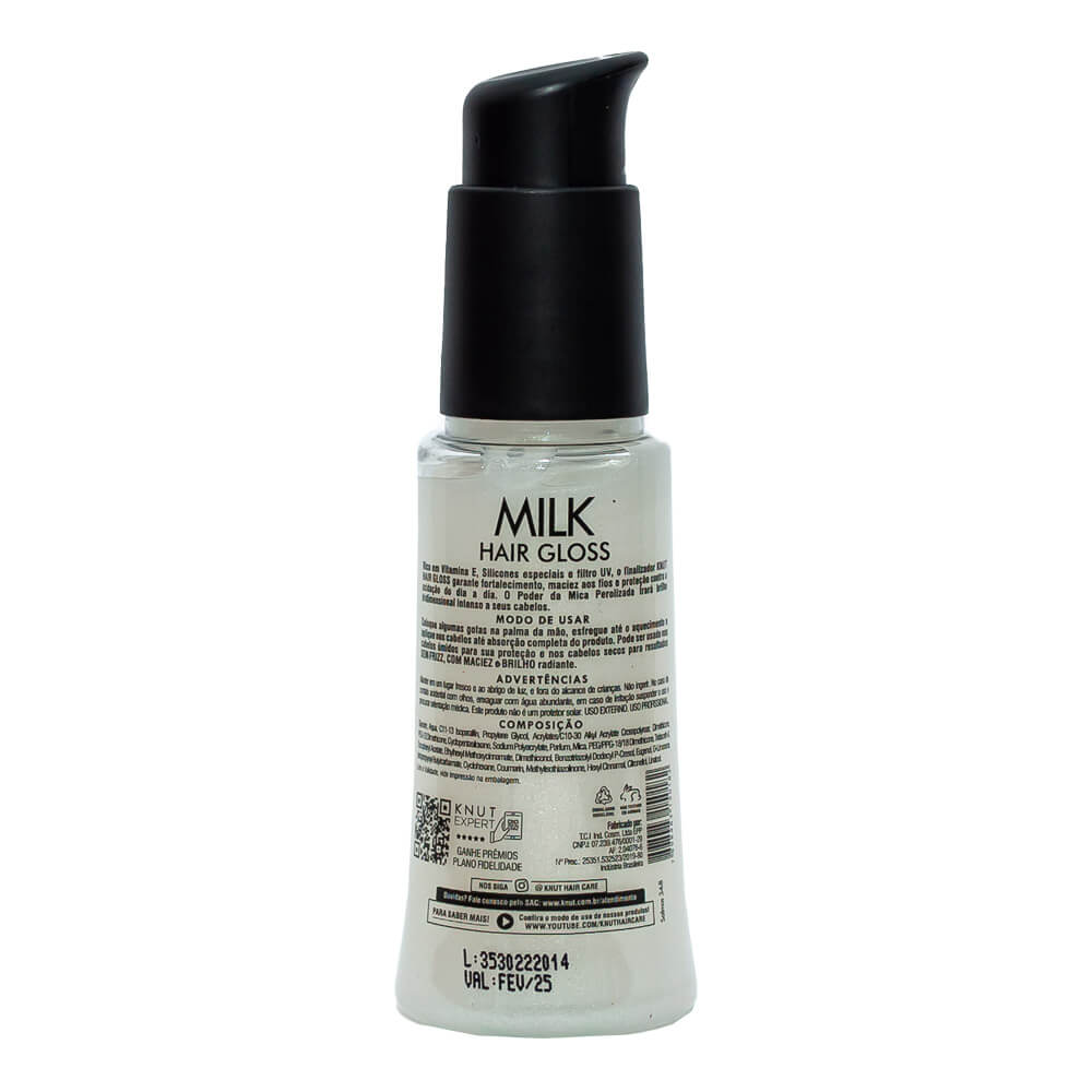 Verso do frasco mostrando informações e composição do Finalizador Knut Milk Hair Gloss 70ml