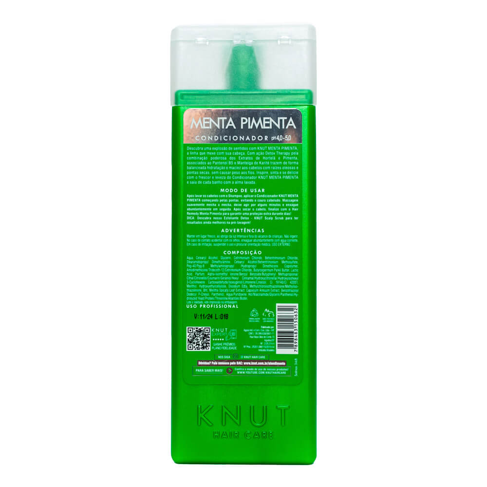 Verso da embalagem com informações e composição do Condicionador Knut Menta Pimenta 250ml