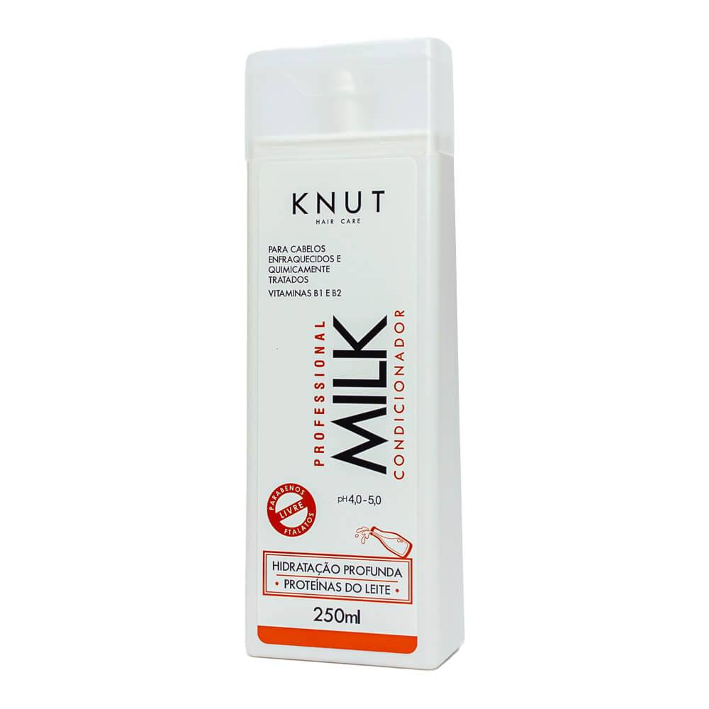 Produto em ângulo mostrando rótulo do Condicionador Knut Milk 250ml