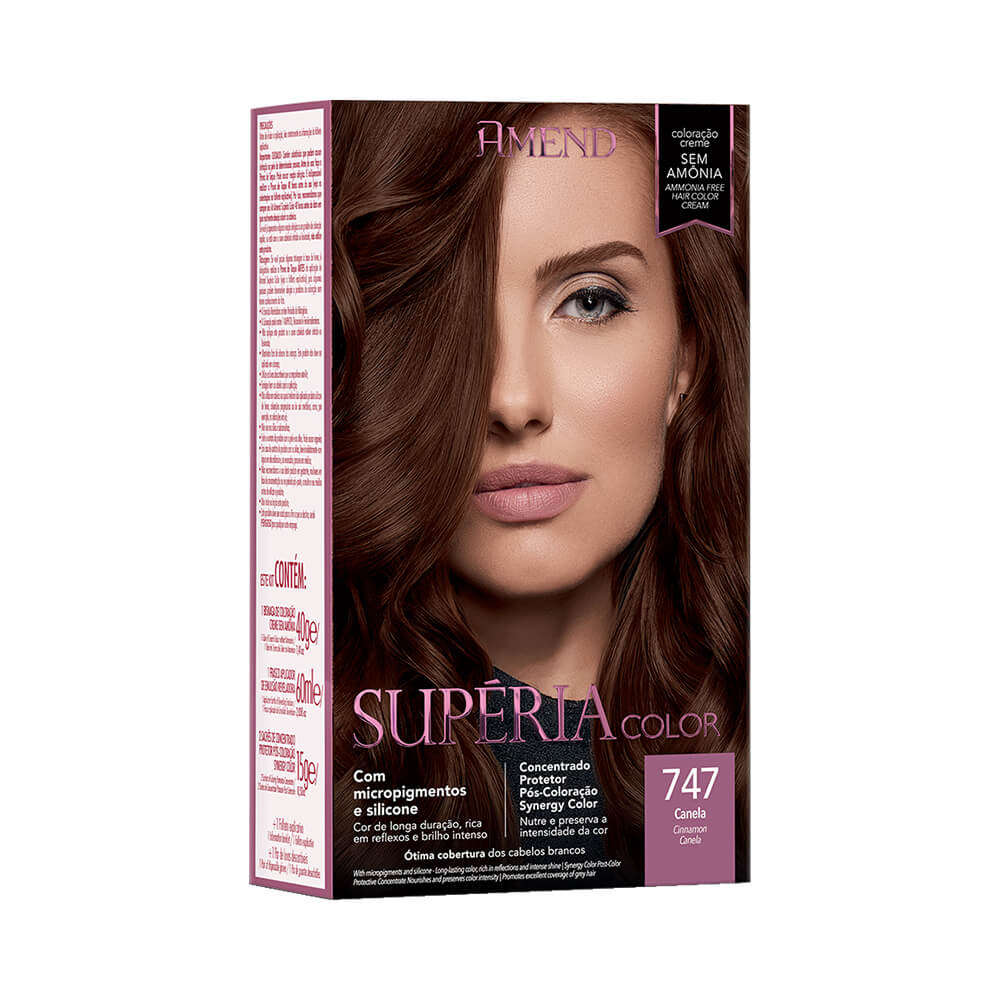 Embalagem do Tonalizante Amend Supéria Color 747 Canela com resultado em cabelo castanho canela brilhante