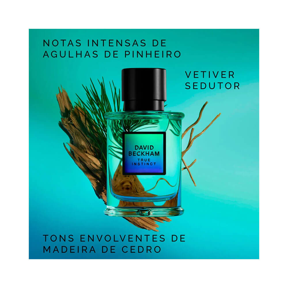 Imagem do perfume mostrando frasco azul com destaque às notas amadeiradas