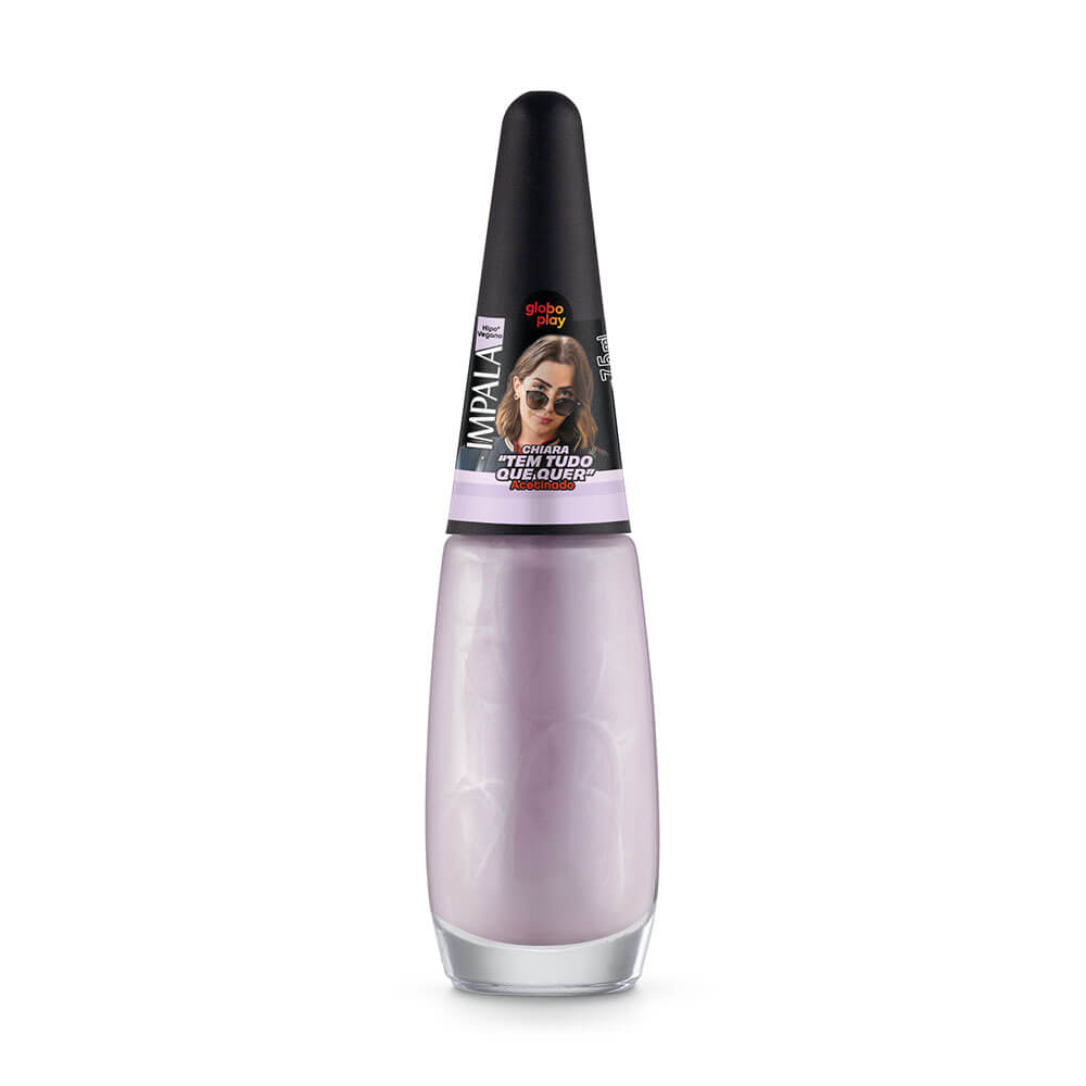 Frasco de esmalte Impala Globoplay lilás acetinado mostrando rótulo e tampa