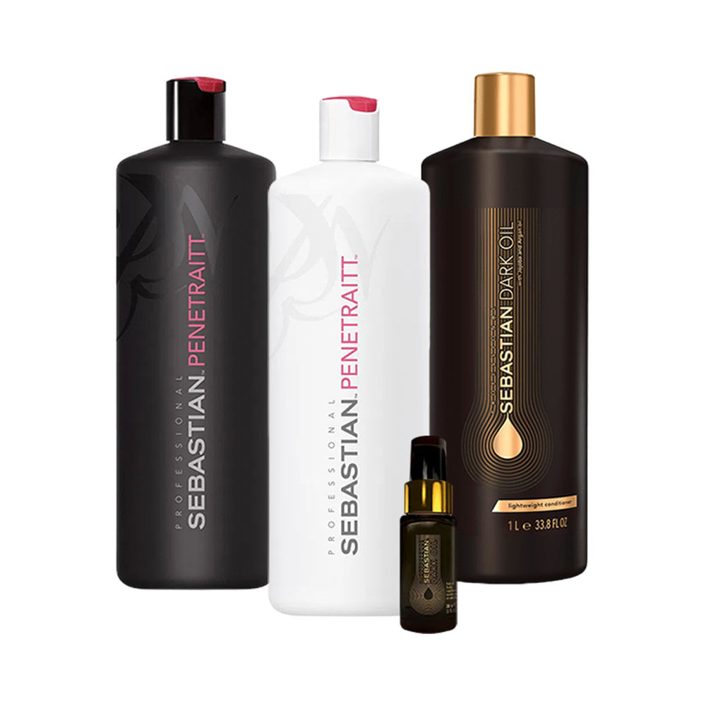 Kit Sebastian Penetrait e Dark Oil com frascos preto, branco e óleo marrom em fundo branco