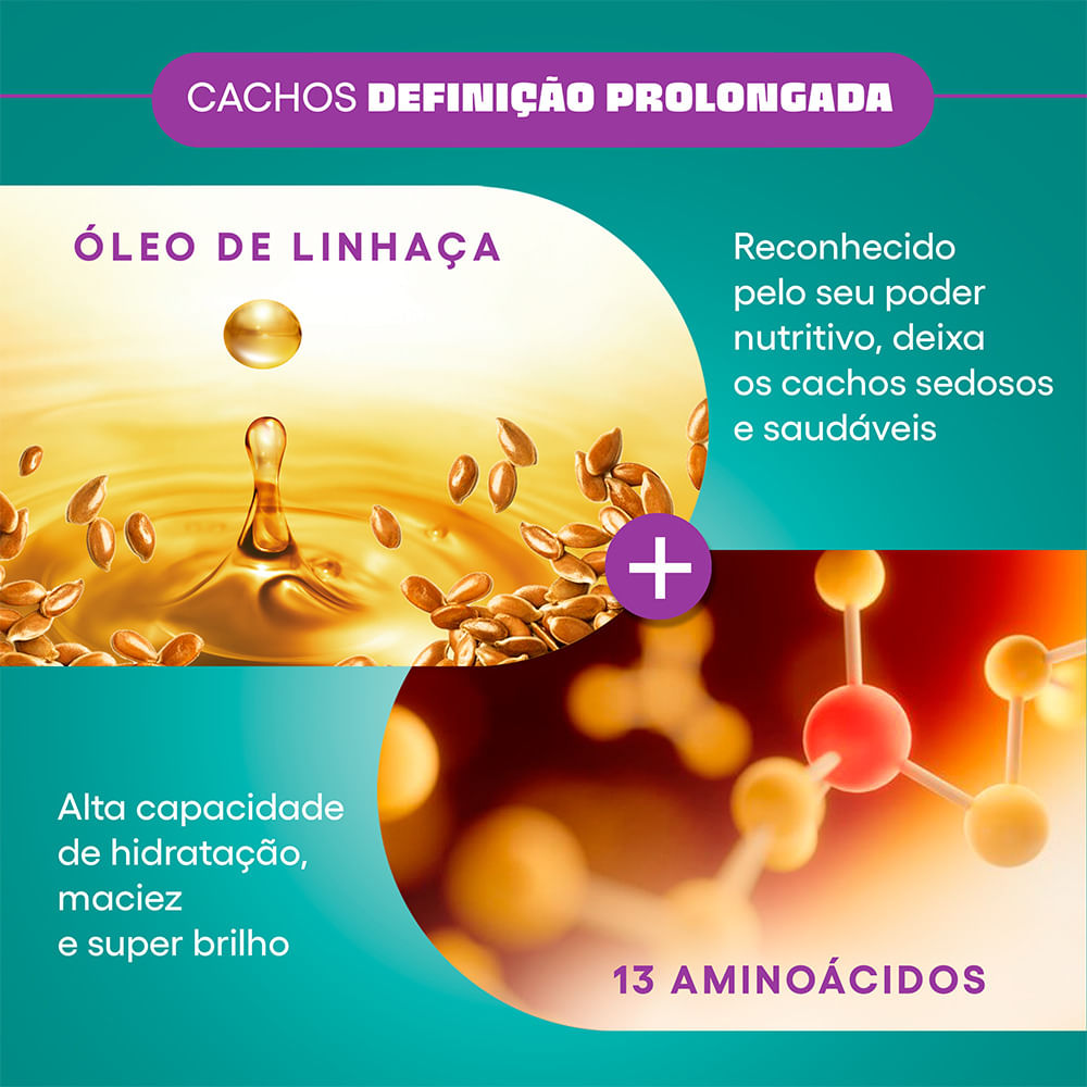 Imagem ilustrativa dos ingredientes: gotas de óleo e moléculas representando aminoácidos