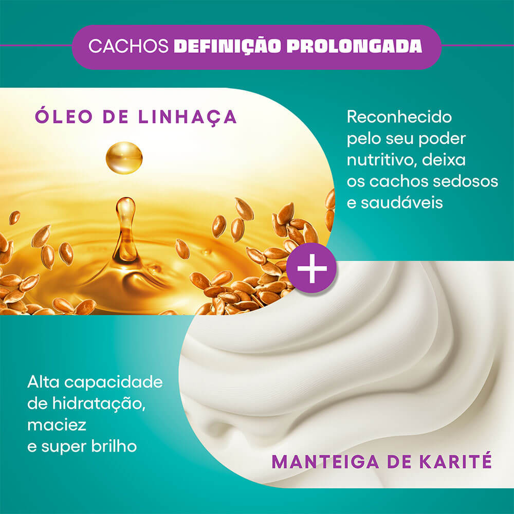 Ingredientes óleo de linhaça e manteiga de karité em destaque