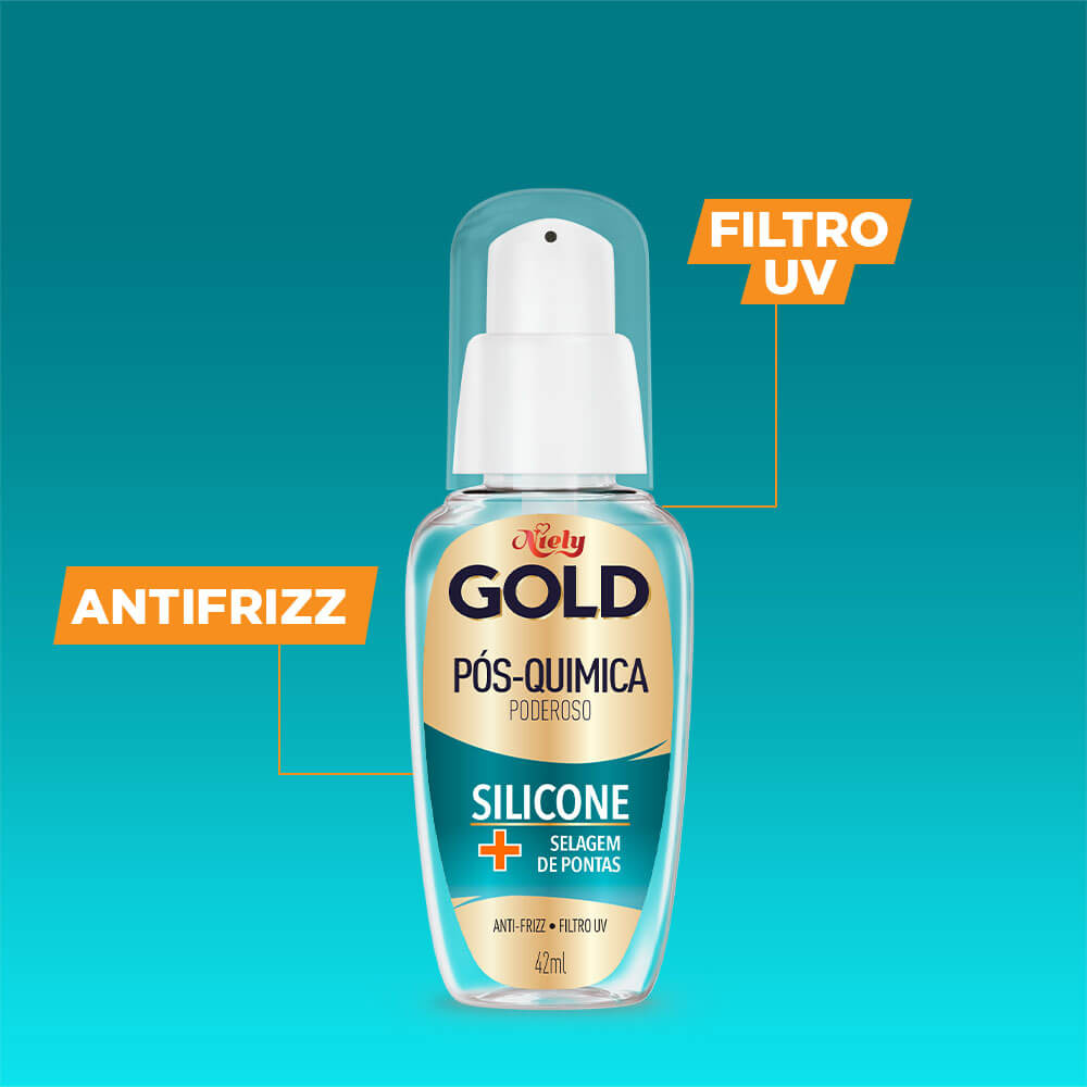 Produto Niely Gold Silicone com destaque para propriedades antifrizz e filtro UV