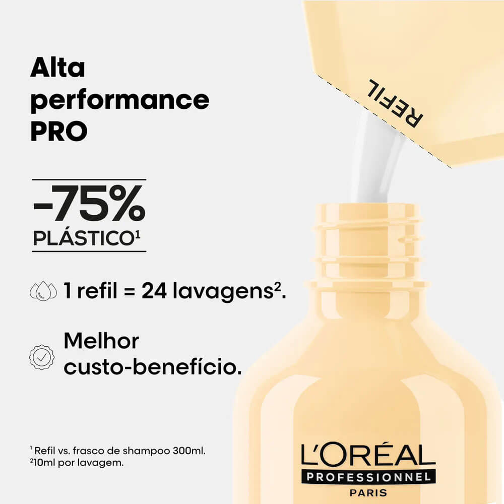 Refil sendo usado para reabastecer frasco do Shampoo L'Oréal Absolute Repair Gold Quinoa
