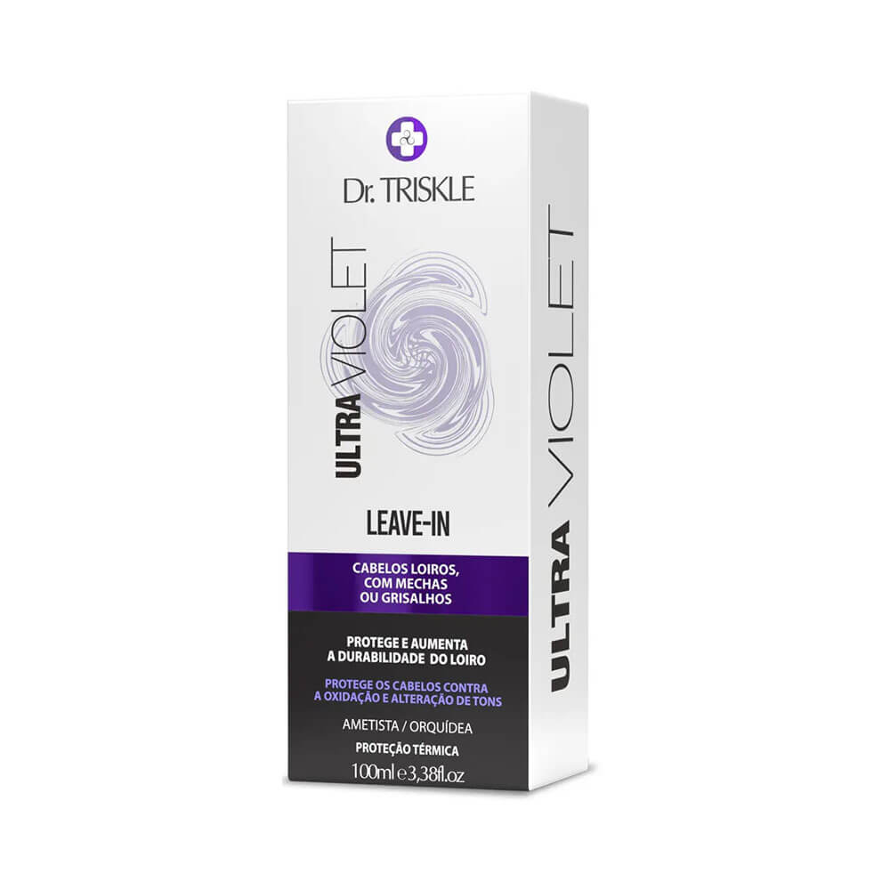Caixa do Leave-in Triskle Ultra Violet 100ml com detalhes roxos