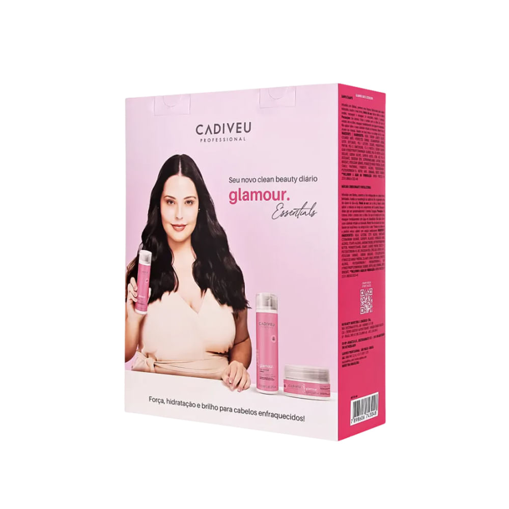 Embalagem rosa do kit Cadiveu Essentials Glamour com destaque para benefícios e QR code